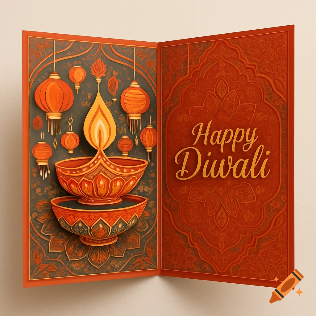 An open pop-out Diwali greeting card with a central diya, lanterns, intricate paper-cut designs, and 'Happy Diwali' text.