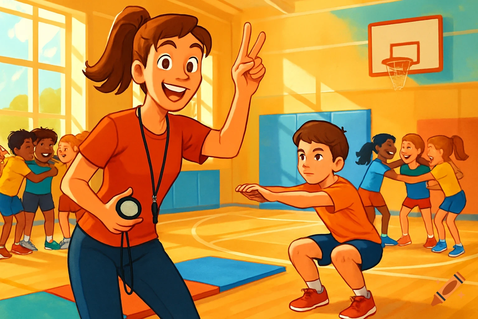 A cartoon physical education teacher with a whistle shows a peace sign as a boy does squats in a gym, with other children behind them.