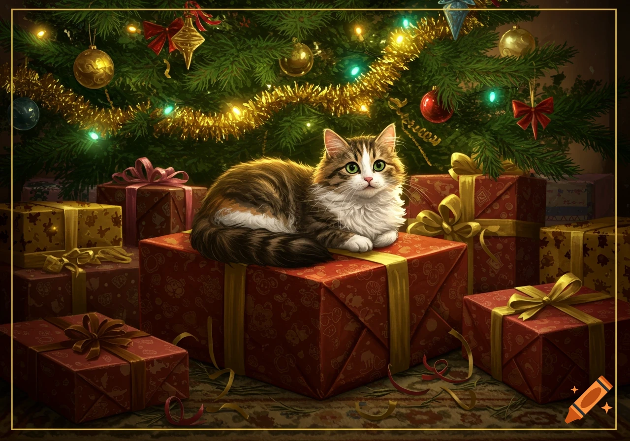 A cute fluffy cat with green eyes sits on a red Christmas gift box under a decorated Christmas tree surrounded by more presents, in an illustrative style.
