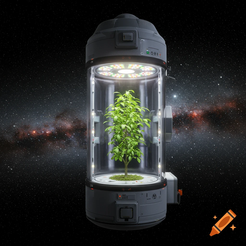 A vibrant green plant grows inside a futuristic transparent cylindrical capsule, illuminated by LED lights, set against a dark starry space background with nebulae.