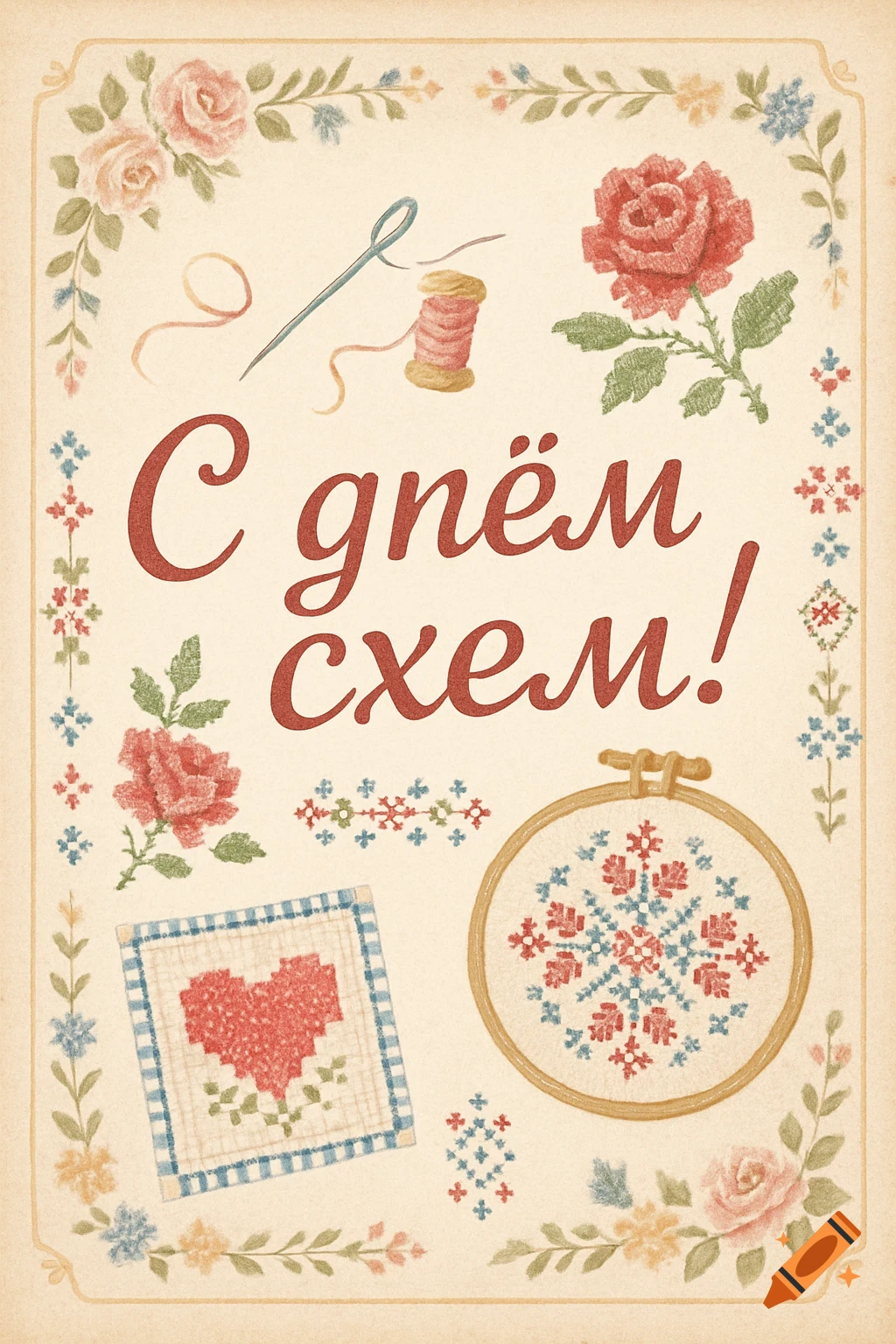 Vintage cross-stitch greeting card with a needle, thread, embroidered roses, floral borders, and the Russian text 'Happy schema day!'