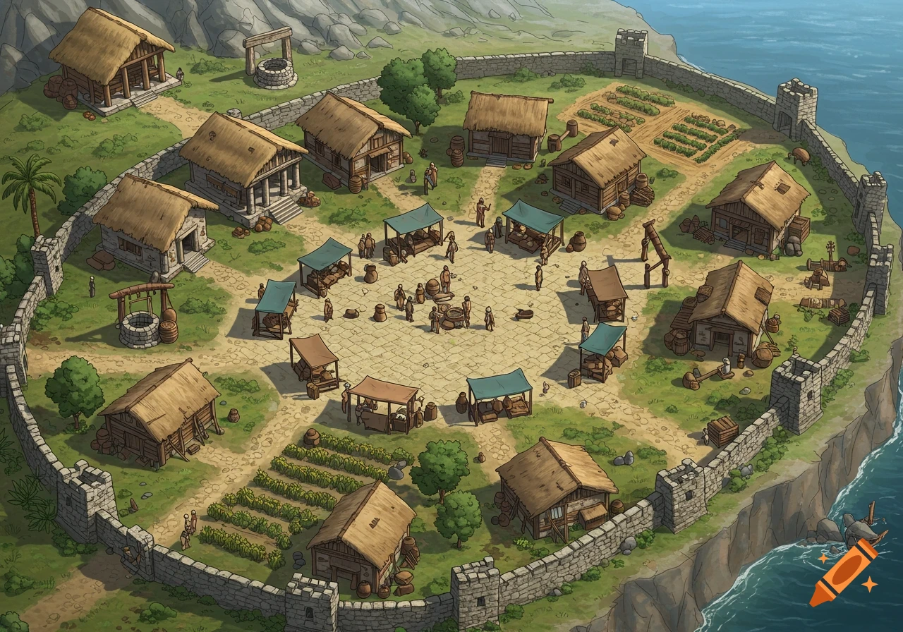 Isometric illustration of a walled medieval village by the ocean, with a central market square, houses, farms, and guard towers.