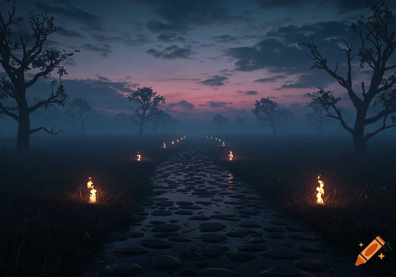 A dark, misty path made of cobblestones leads into the distance, lined with glowing fires and silhouetted trees under a twilight sky.