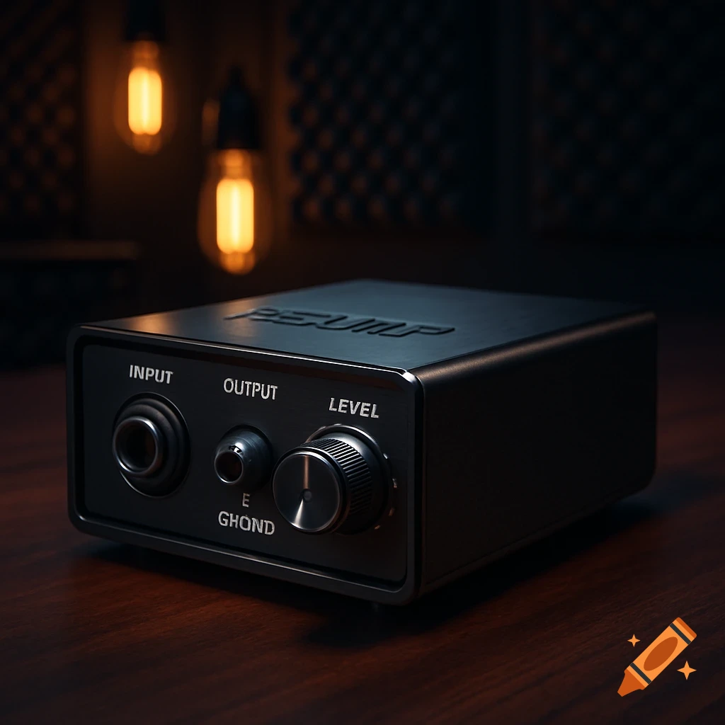 Close-up of a black guitar reamp box on a wooden surface, with input/output jacks and a level knob, illuminated by warm lights in the background.