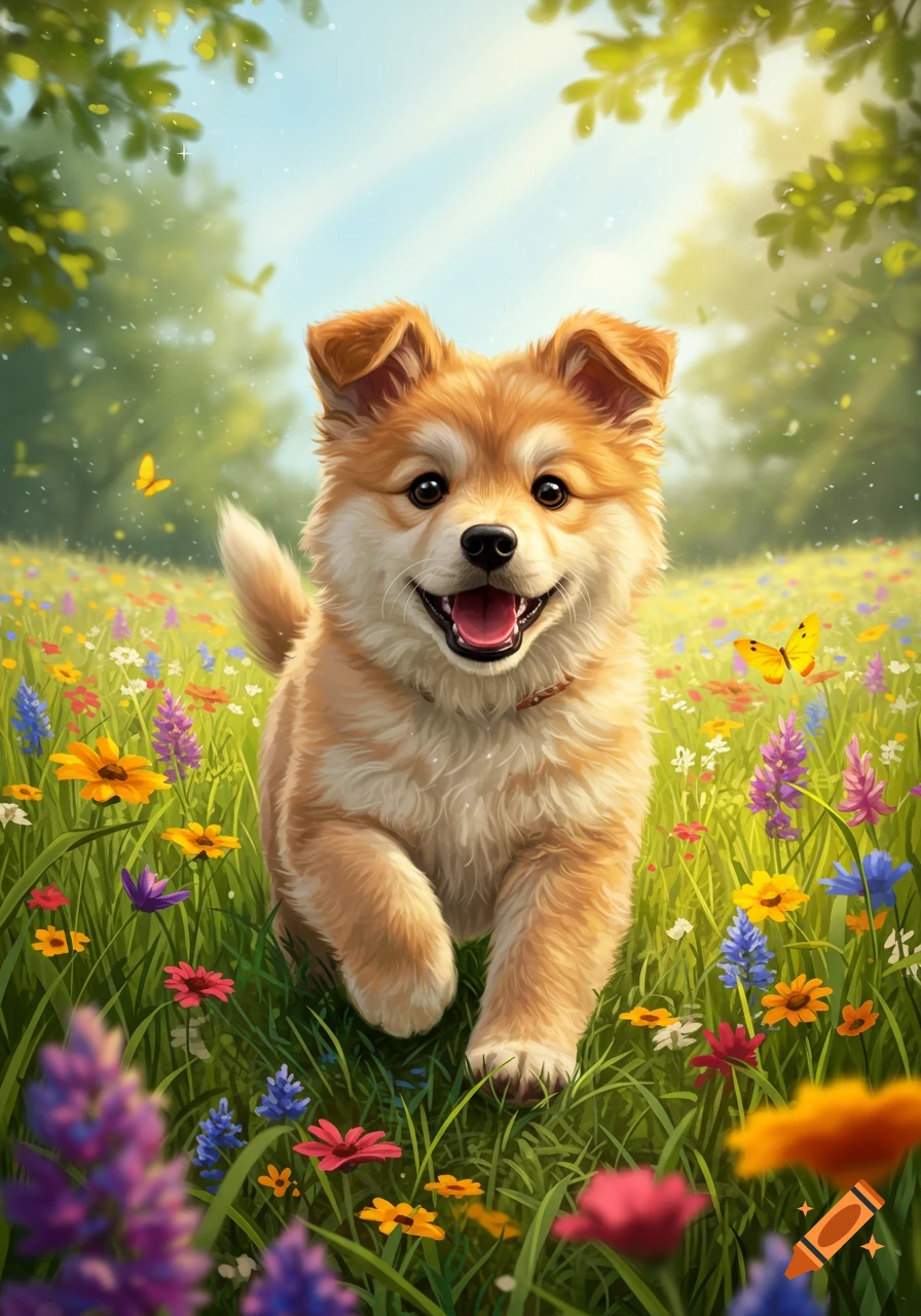 A happy, fluffy golden puppy runs through a vibrant field of colorful wildflowers under a sunny sky.