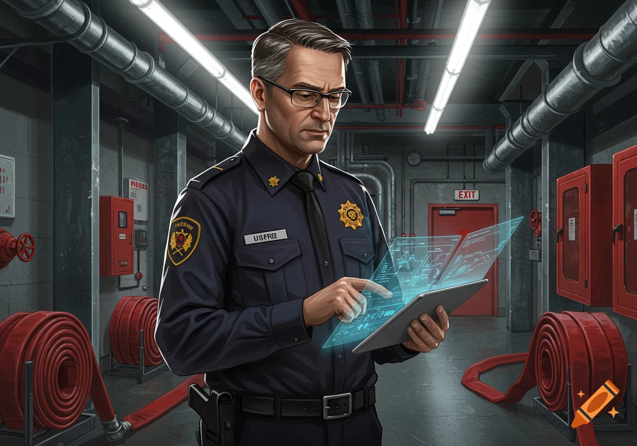 A man in a uniform and glasses inspects a holographic tablet in a facility with fire hoses and pipes.
