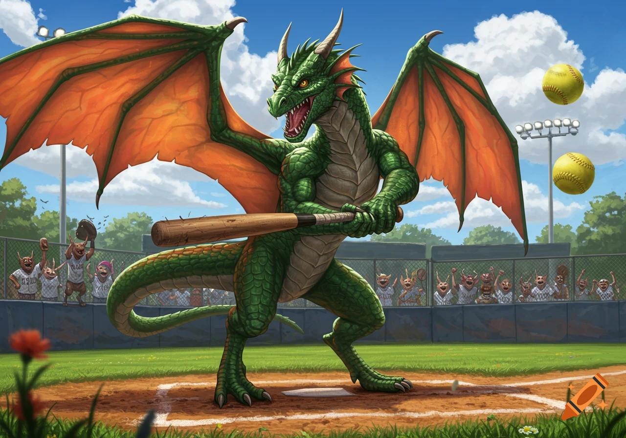 A muscular green dragon with orange wings swings a baseball bat on a dirt field with two softballs in the air and small creatures watching.