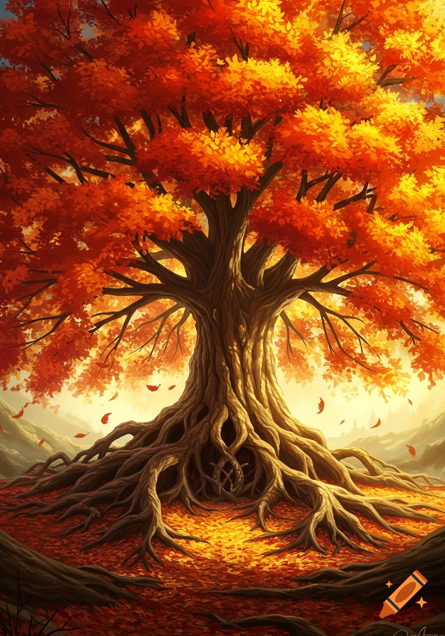 A vibrant autumn tree with fiery red and orange leaves, a massive trunk, and intricate exposed roots in a magical forest setting.