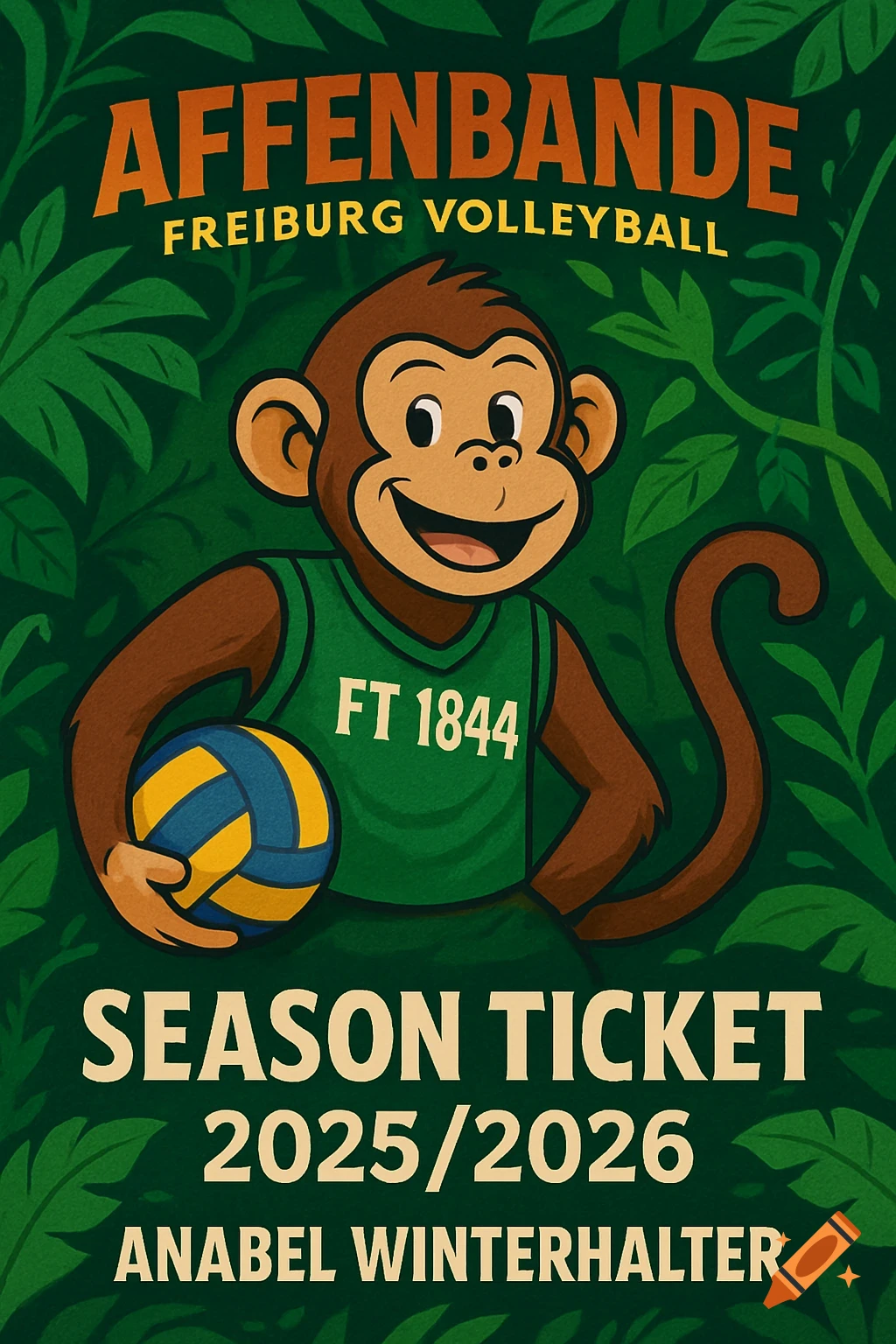 Cartoon monkey in green volleyball jersey holding a ball in a jungle setting, with 'Affenbande' and season ticket text.