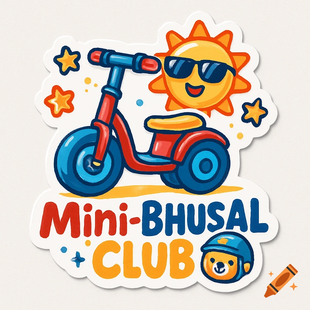 A colorful cartoon sticker with a red and blue tricycle, a smiling sun in sunglasses, a bear in a helmet, and text 'Mini-BHUSAL CLUB'.