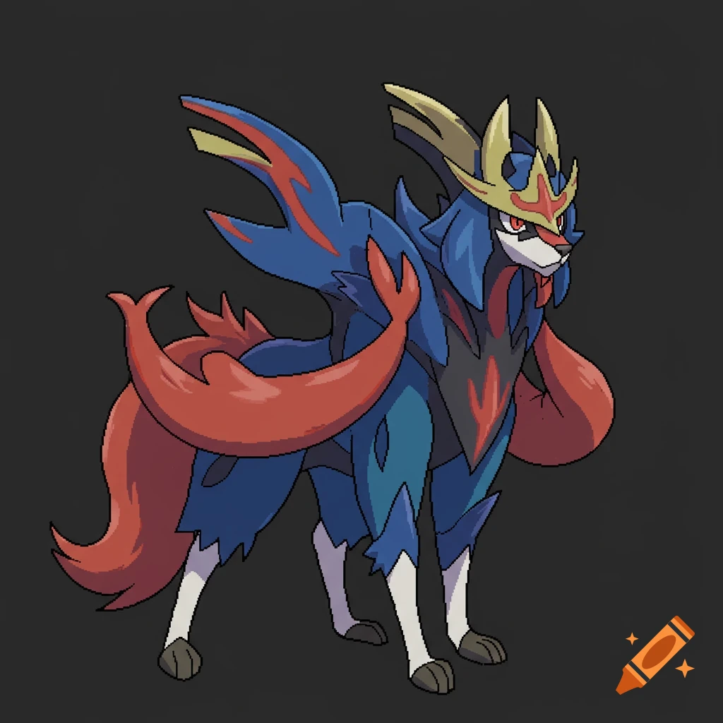 Pixel art of Zacian from Pokemon, with its body in dark blue, black, and dark red hues, and gold accents, standing on a dark background.