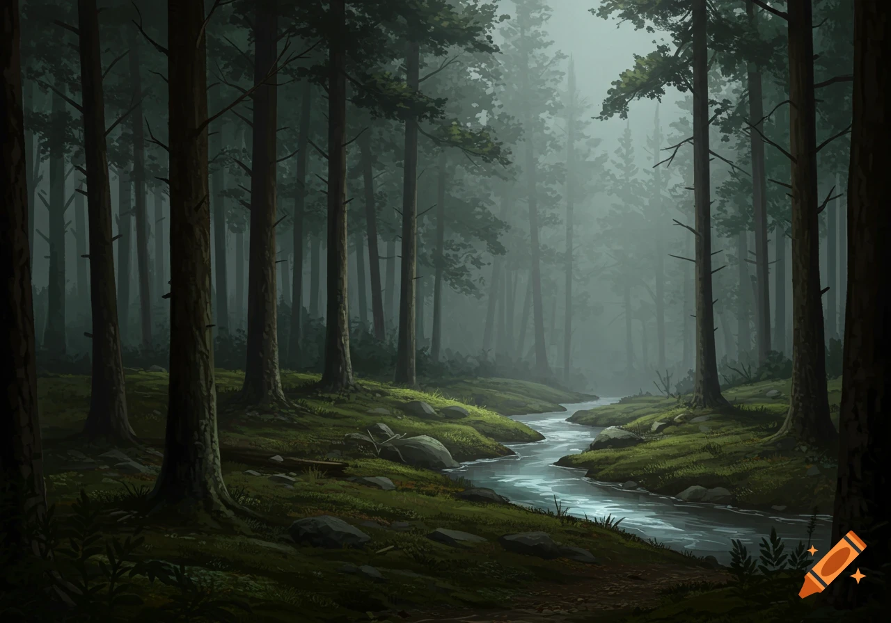 A dark, misty forest with tall pine trees and a winding stream flowing through mossy green ground.