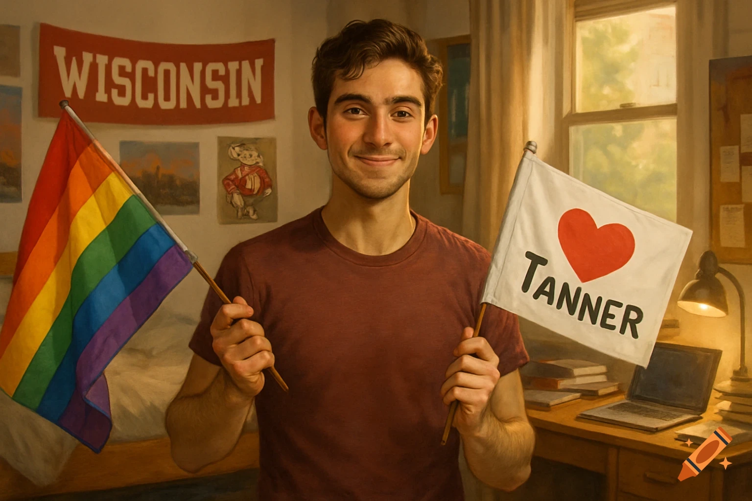 A smiling young man in a dorm room holds a rainbow pride flag and a white flag with a red heart and "TANNER".