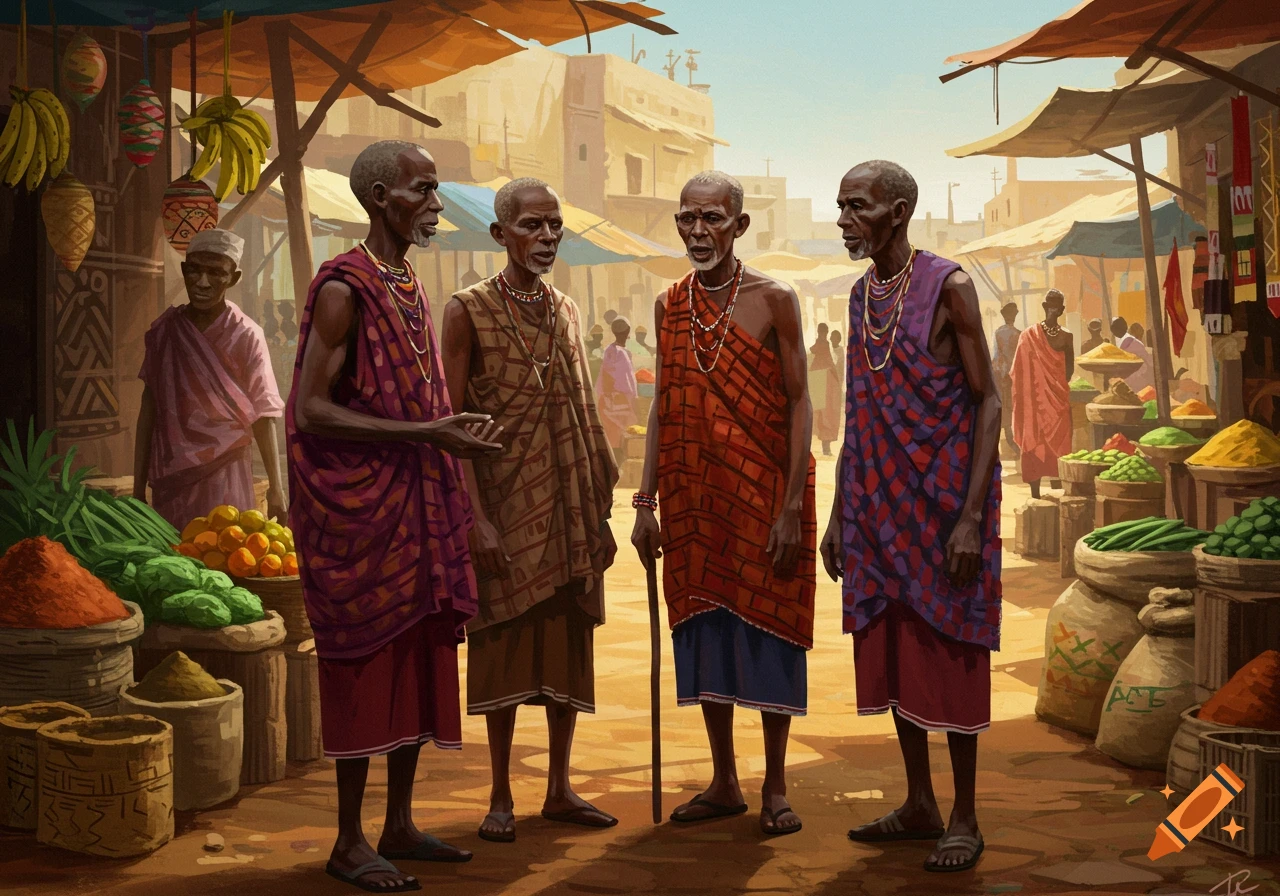 Four elderly men in colorful traditional robes converse in a bustling African market with produce stalls, in an illustrative style.