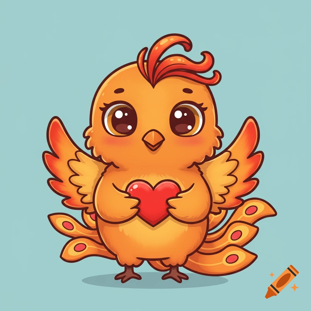 A cute, orange cartoon phoenix with big eyes and a red fiery crest, holding a red heart against a light blue background.