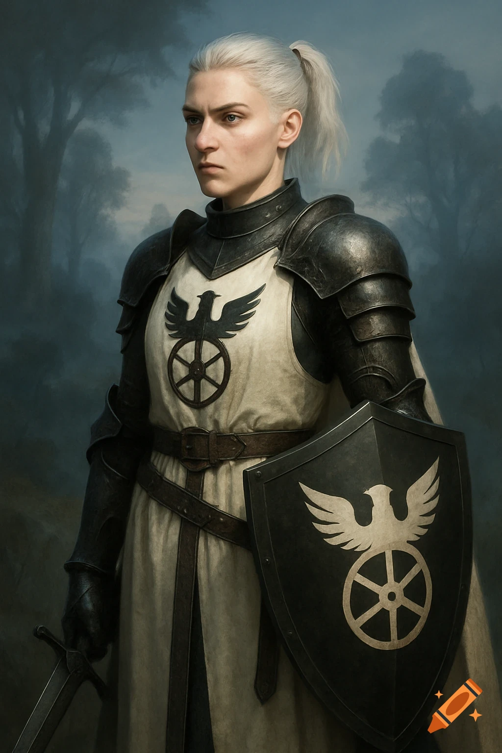 A female knight with white hair in a ponytail, wearing black armor and a white surcoat with an emblem, holding a sword and shield, against a misty background.