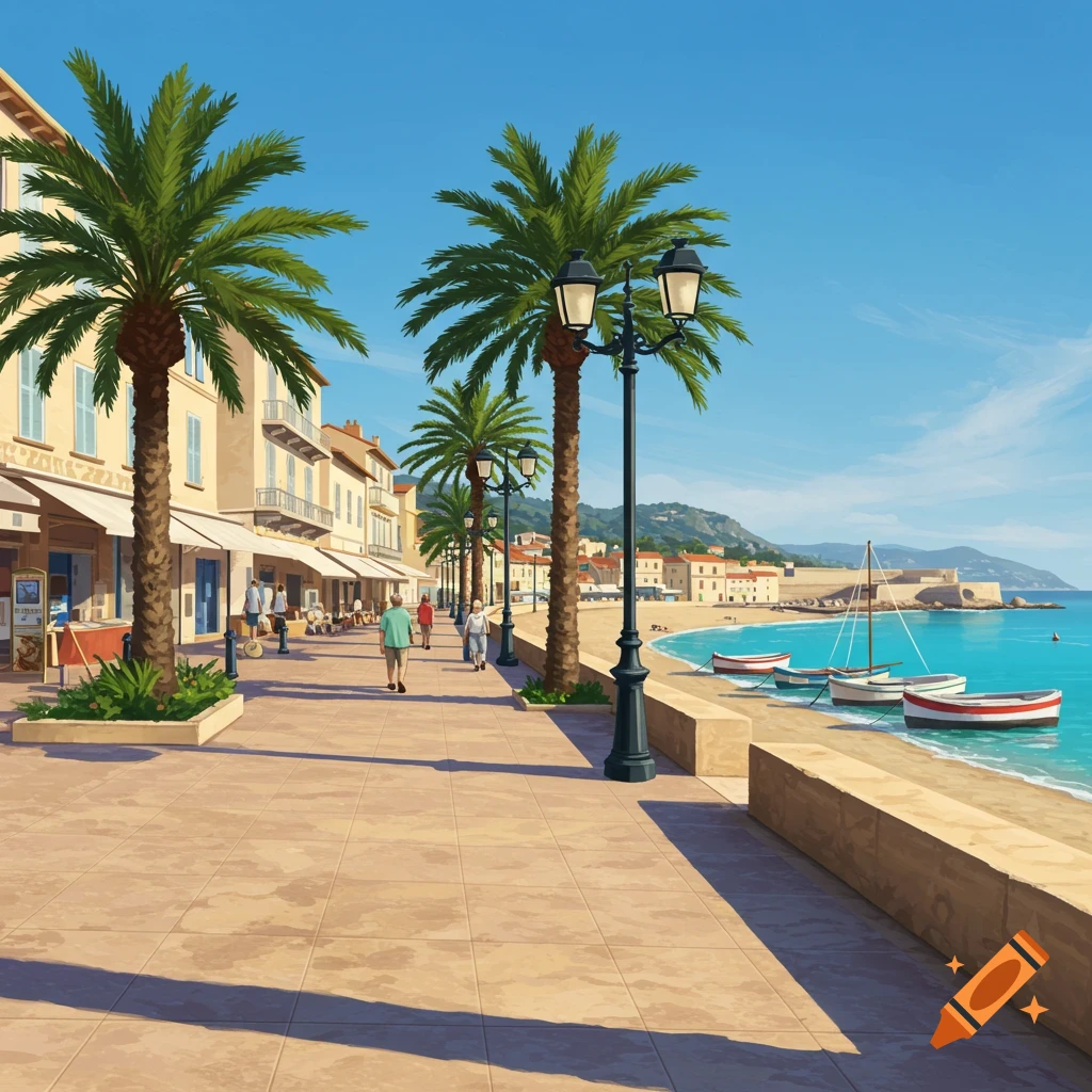 A sunny seaside promenade with palm trees, historic buildings, and people walking, overlooking turquoise water with boats.
