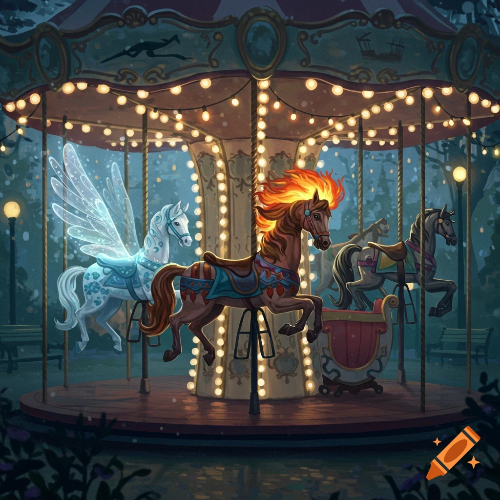 An illuminated fantasy carousel at night, featuring a winged horse and a horse with a fiery mane, set in a park.
