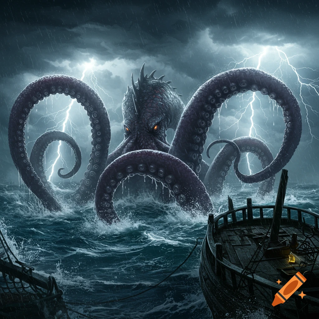 A giant dark kraken with glowing red eyes rises from a stormy ocean with lightning, towering over a ship, in a dramatic, realistic style.