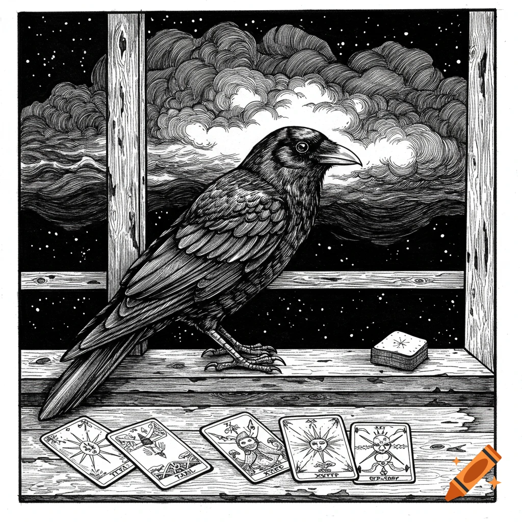 Black and white ink drawing of a raven on a windowsill with tarot cards laid out, overlooking an ominous cloudy night sky.