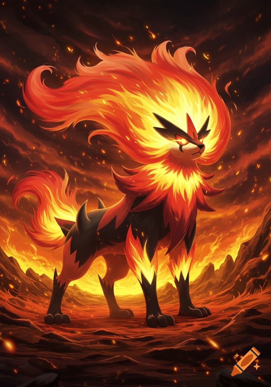 A fierce, fiery, lion-like creature with a flaming mane stands in a volcanic, ember-filled landscape, digital art.