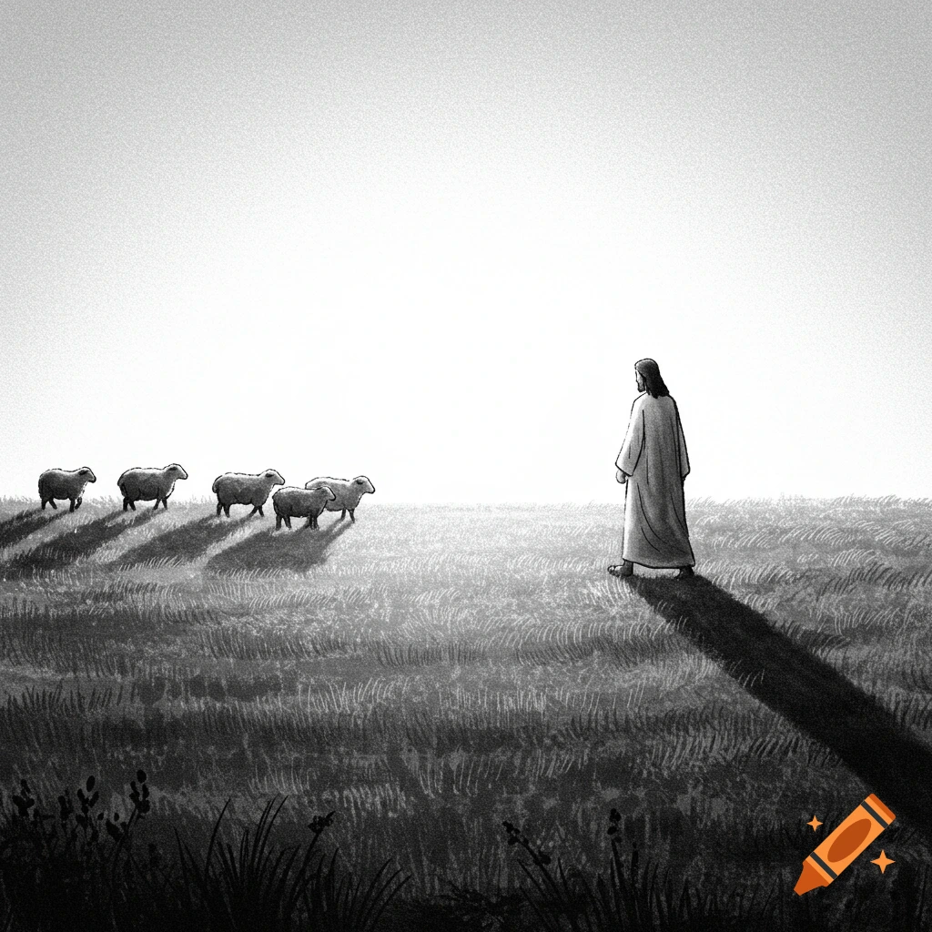 Black and white illustration of Jesus walking in a grassy field with a flock of sheep following him toward a bright horizon.