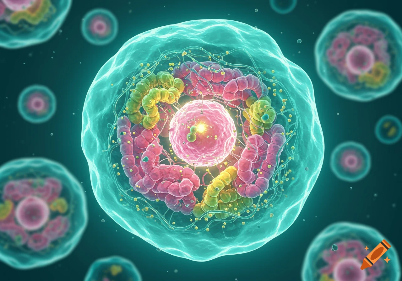 Close-up 3D rendering of a vibrant eukaryotic cell with a pink nucleus and colorful organelles, surrounded by other blurry cells.