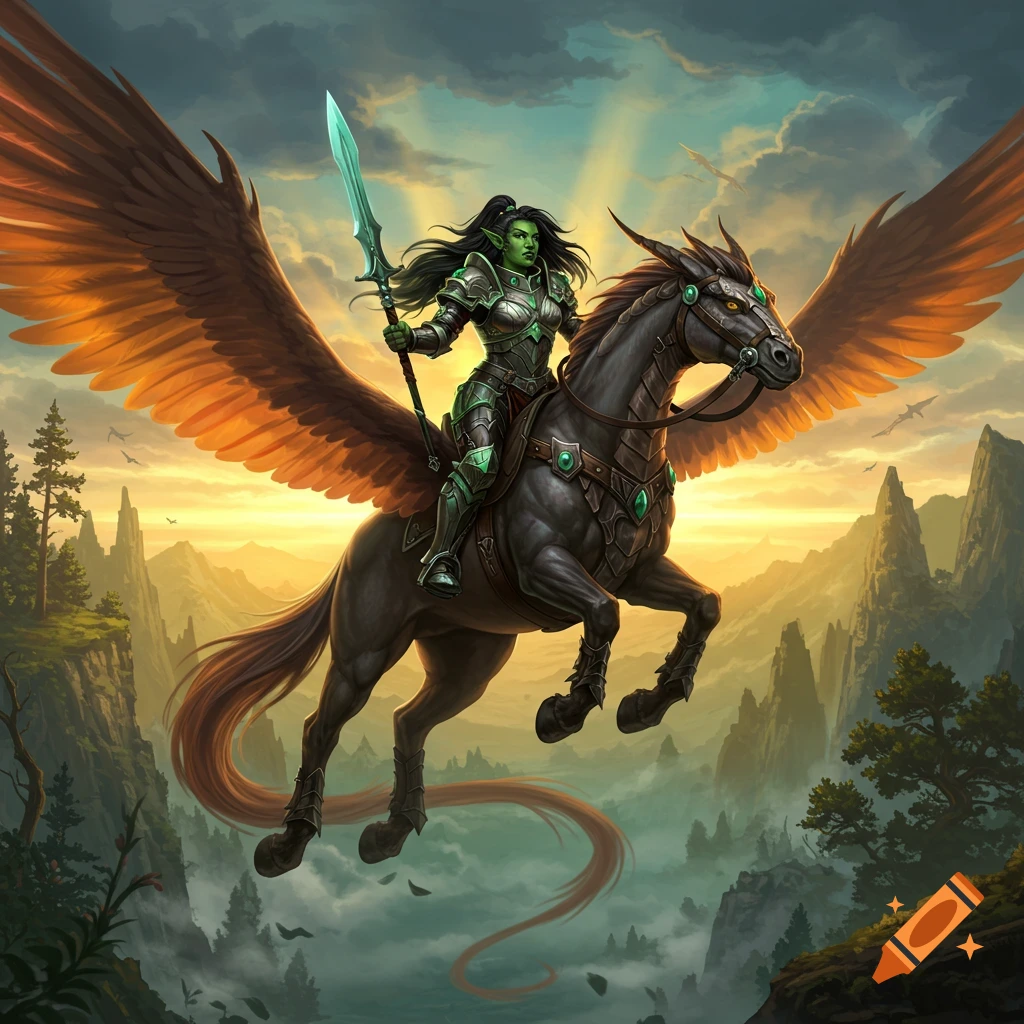 A female half-orc paladin in armor riding a majestic winged black horse with a spear over a mountainous landscape at sunset in a detailed fantasy art style.