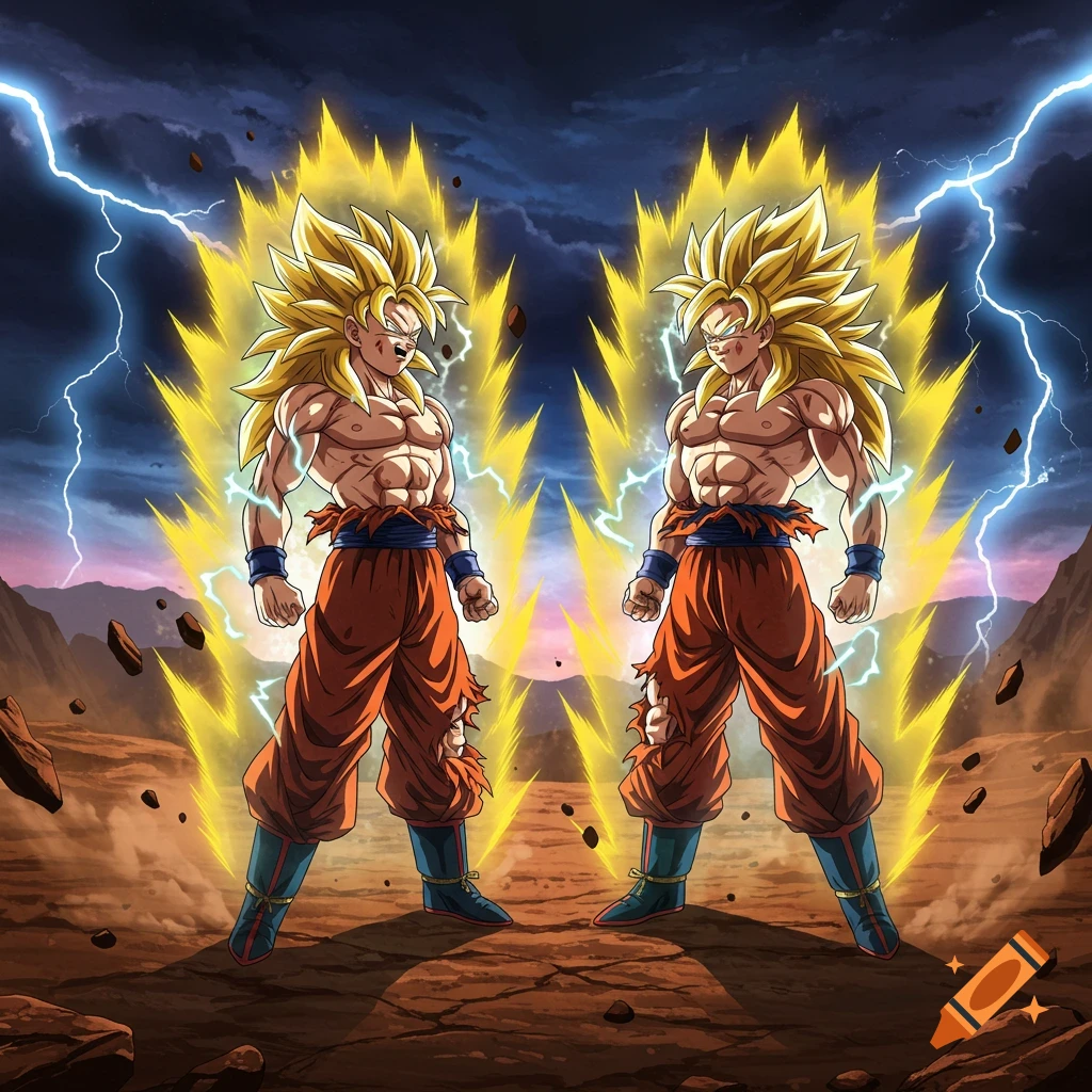 Two muscular Super Saiyan warriors with golden spiky hair and glowing auras stand on rocky terrain with lightning in a dark sky, anime style.