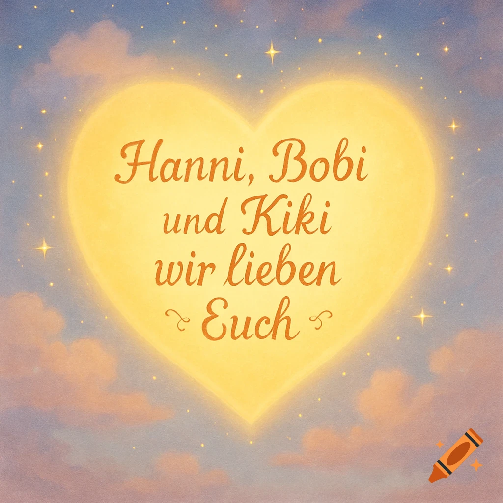 A glowing yellow heart with 'Hanni, Bobi und Kiki wir lieben Euch' text, set against a dreamy sky with clouds and stars, illustration.