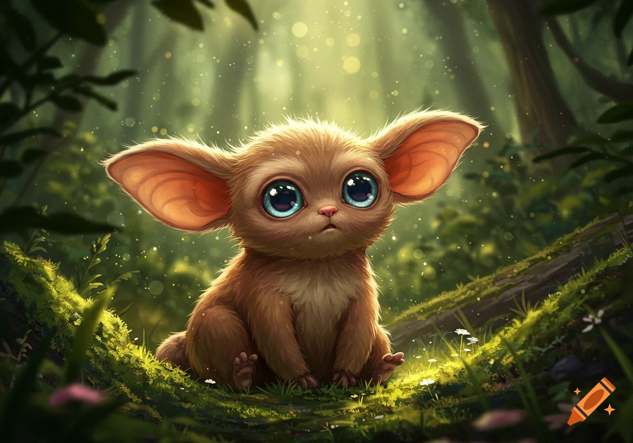A small, brown, furry creature with huge blue eyes and large ears sits in a magical, mossy forest.