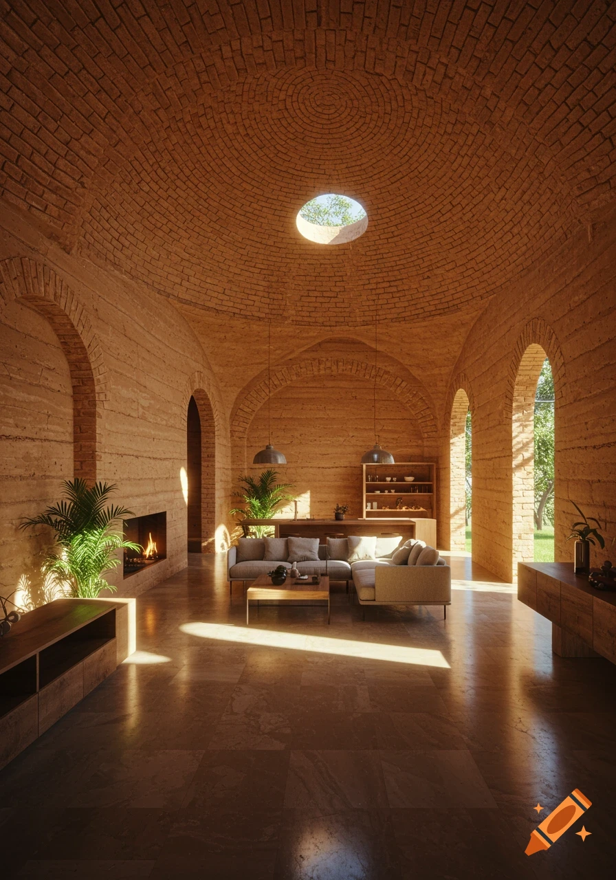A photorealistic open-plan living room with rammed earth walls, brick archways, a domed brick ceiling with a skylight, and modern furniture.