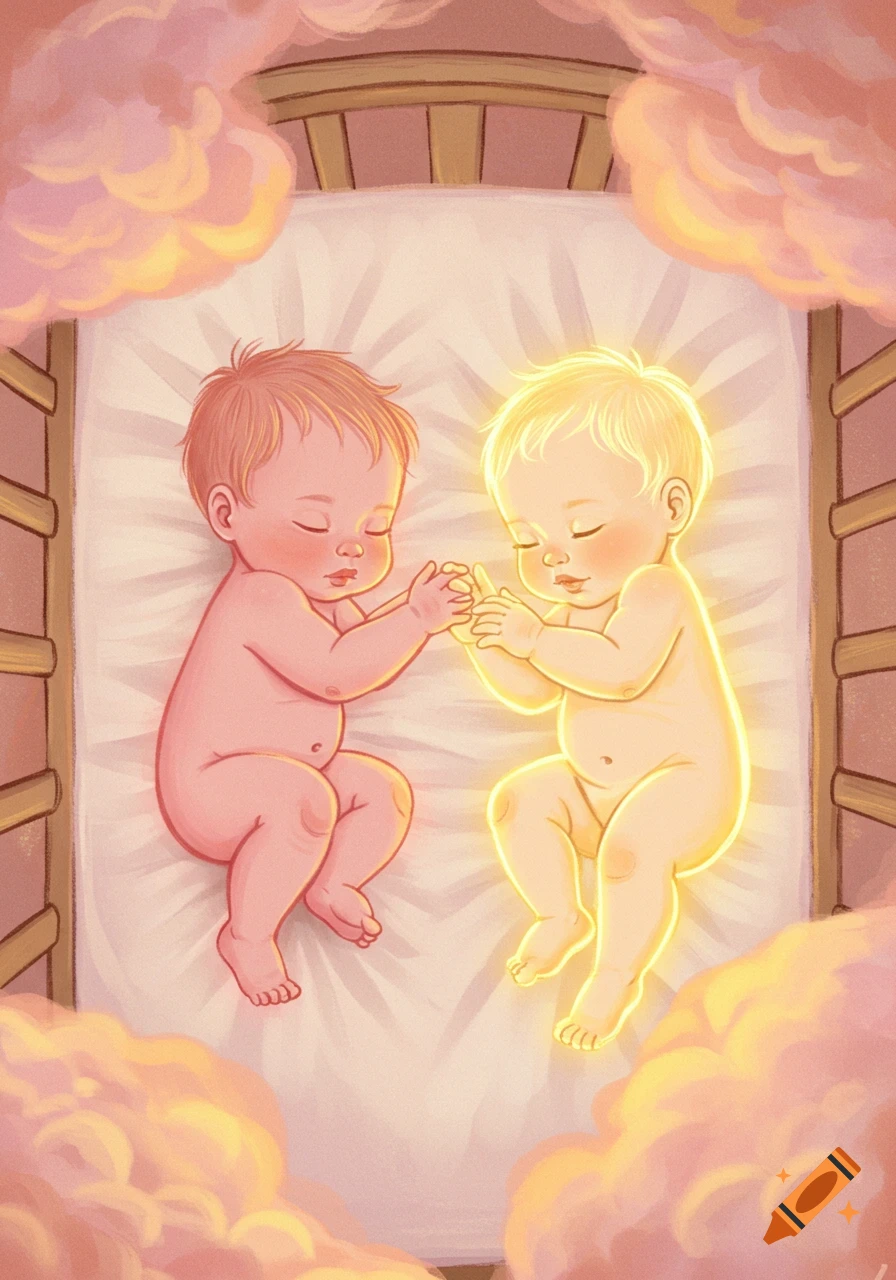 Illustrated sleeping babies in a crib; one pink-toned, one glowing golden and translucent, holding hands amidst soft pink and gold clouds.