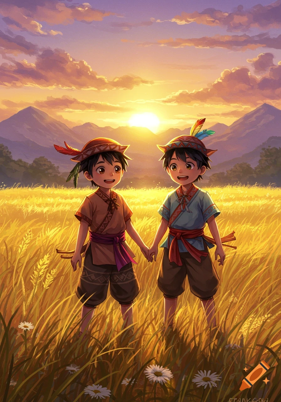Two smiling anime boys in traditional attire hold hands in a golden wheat field at sunset, with mountains in the background.