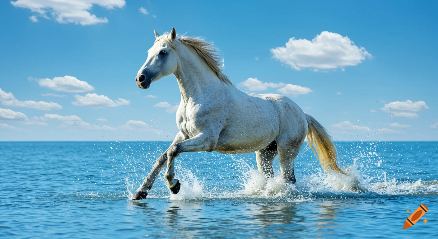 A majestic white horse runs through bright blue water, creating splashes, under a clear blue sky with a few white clouds.