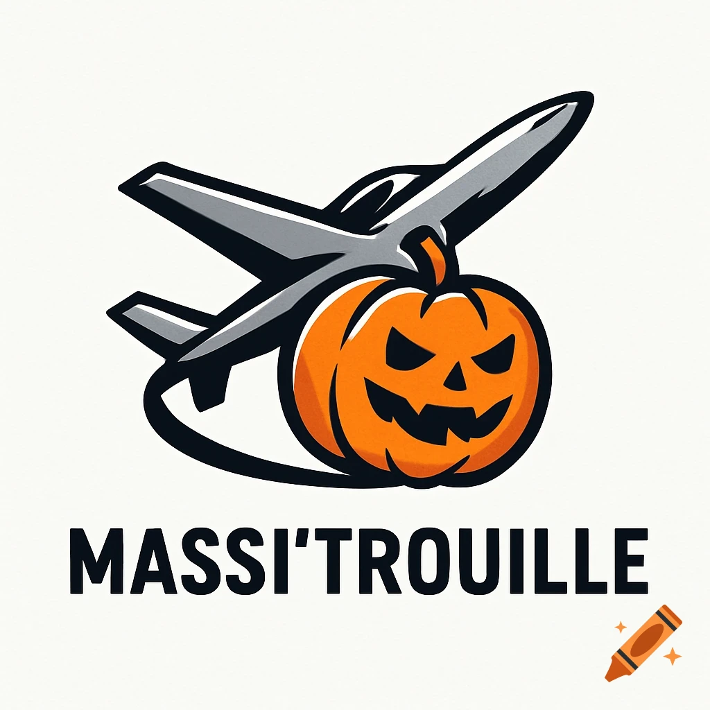 Logo of a gray airplane flying above an orange jack-o'-lantern with 'MASSI'TROUILLE' text below.