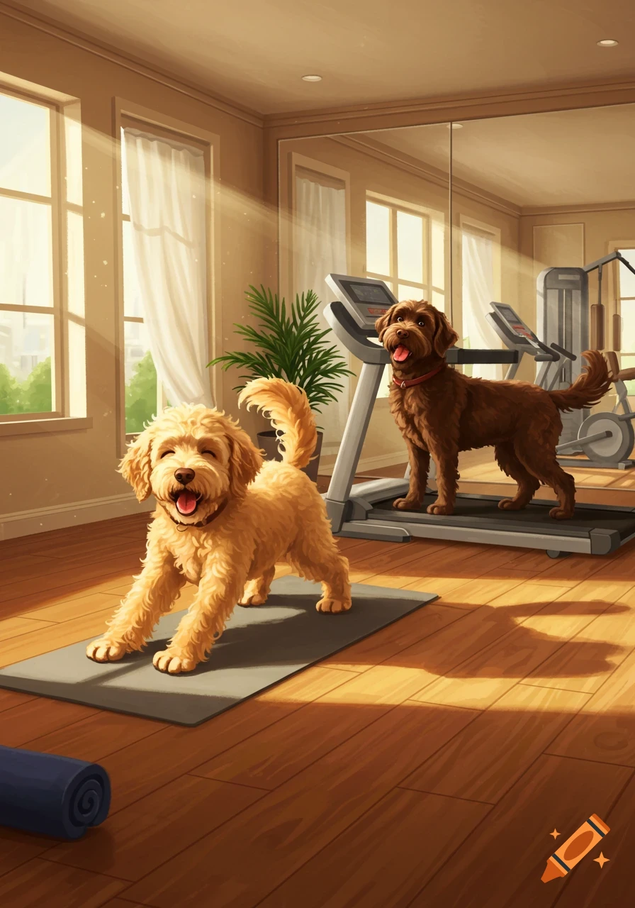 A blonde labradoodle on a yoga mat and a chocolate labradoodle on a treadmill in a sunlit home gym, illustration.
