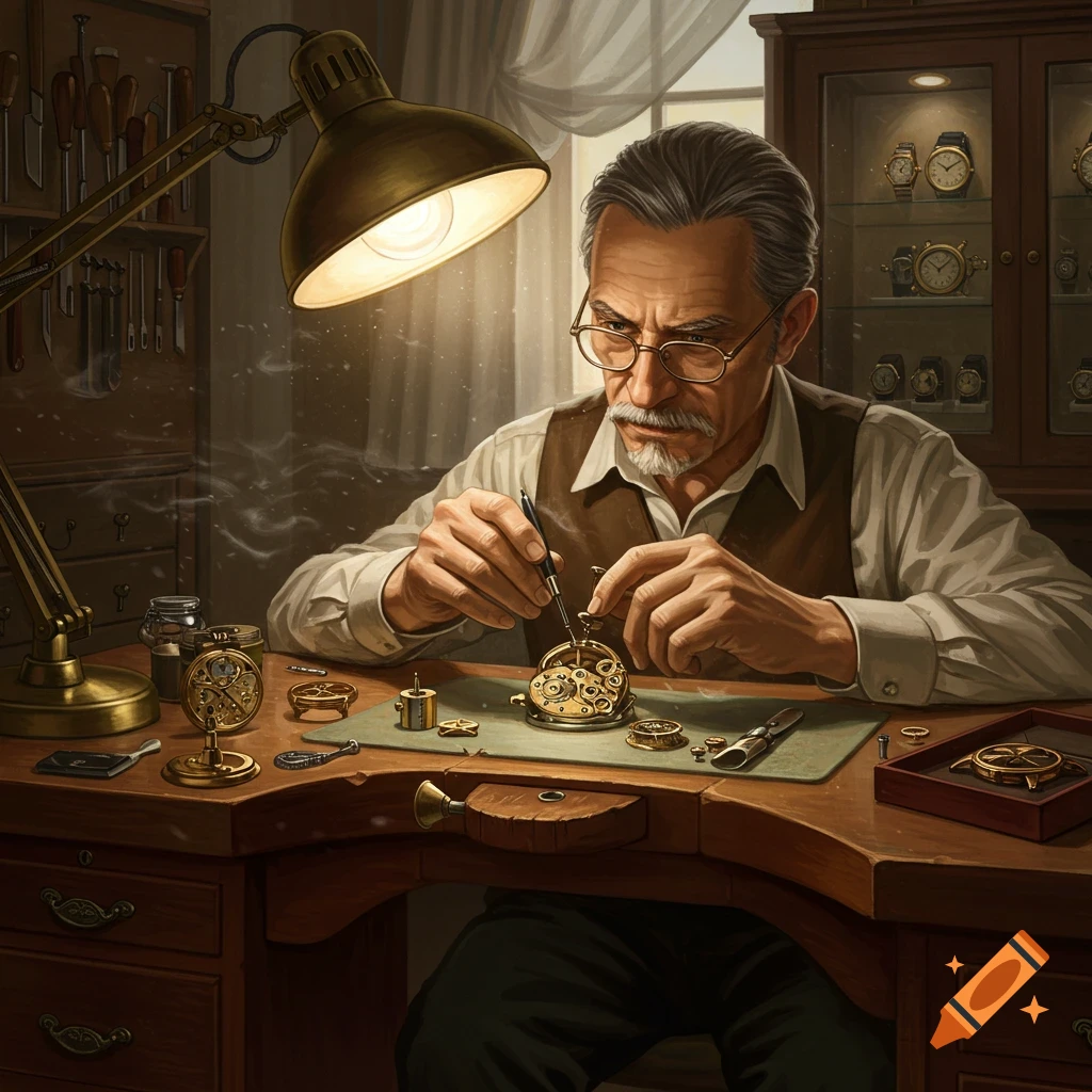 An old watchmaker meticulously repairs a pocket watch on a cluttered workbench under a bright lamp in a detailed workshop.