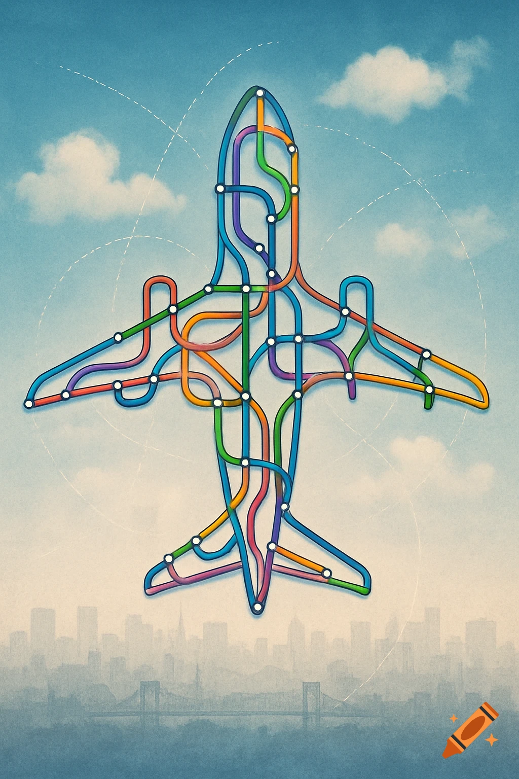 Illustration of an airplane silhouette made from colorful metro map lines with white stops, flying above a misty city skyline.