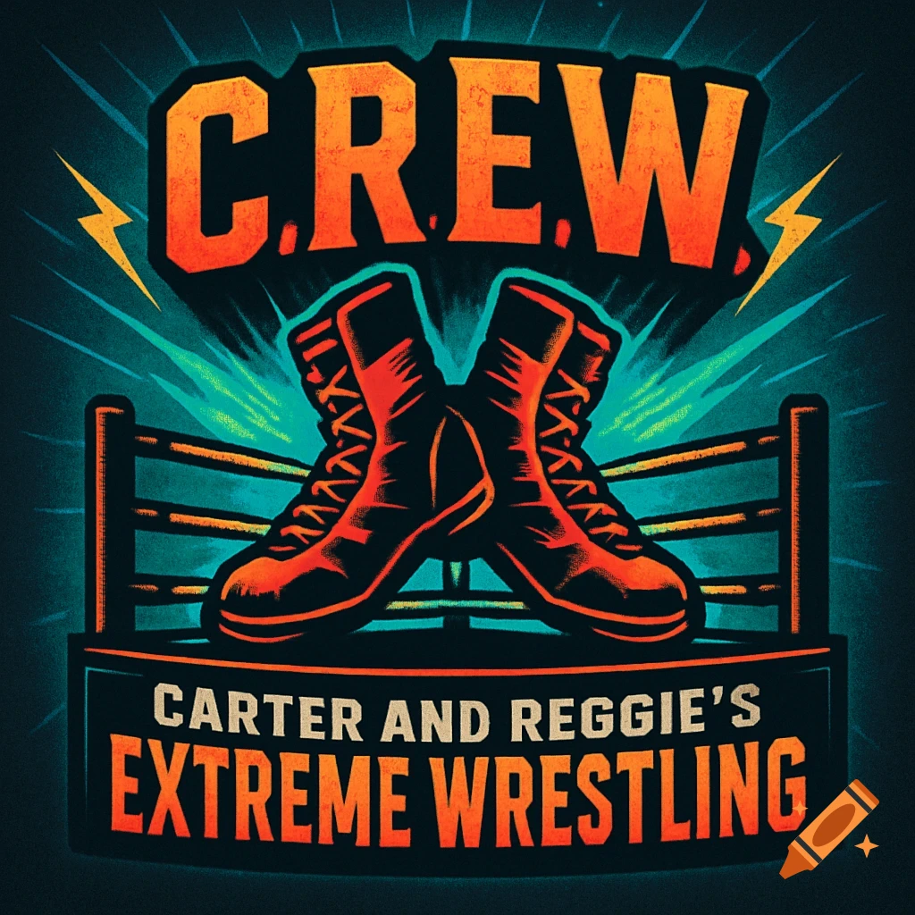 Stylized logo for a wrestling podcast, featuring orange wrestling boots in a ring with 'CREW' and 'Carter and Reggie's Extreme Wrestling' text.
