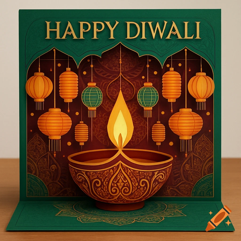 A pop-out greeting card for Diwali featuring a central diya, orange and green lanterns, and "HAPPY DIWALI" text on a dark green background.