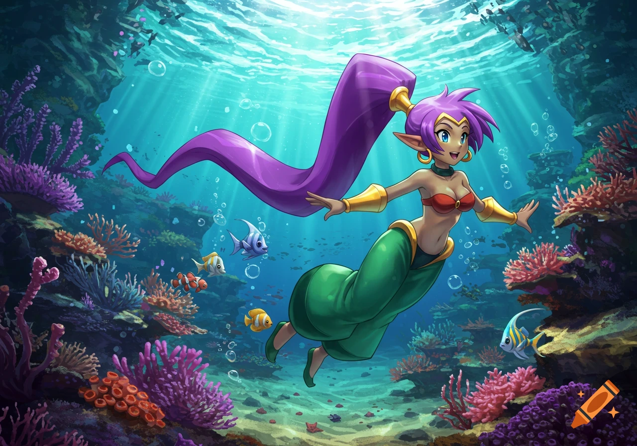 An anime genie character with purple hair and green pants swims gracefully underwater amidst colorful coral reefs and various fish.