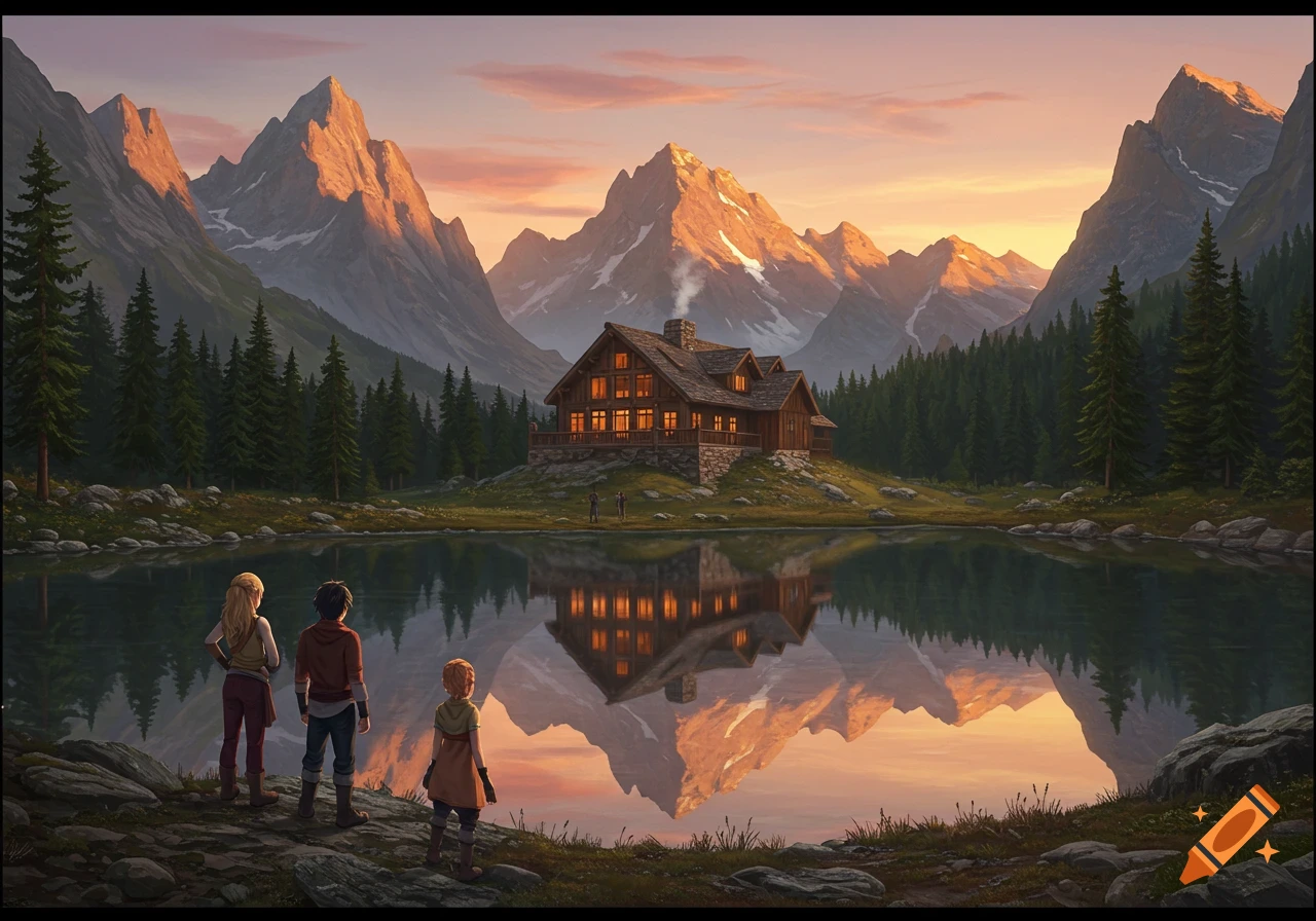 Three people stand by a reflective lake, gazing at a cozy mountain cabin nestled among pine trees, with sun-kissed peaks in the background.