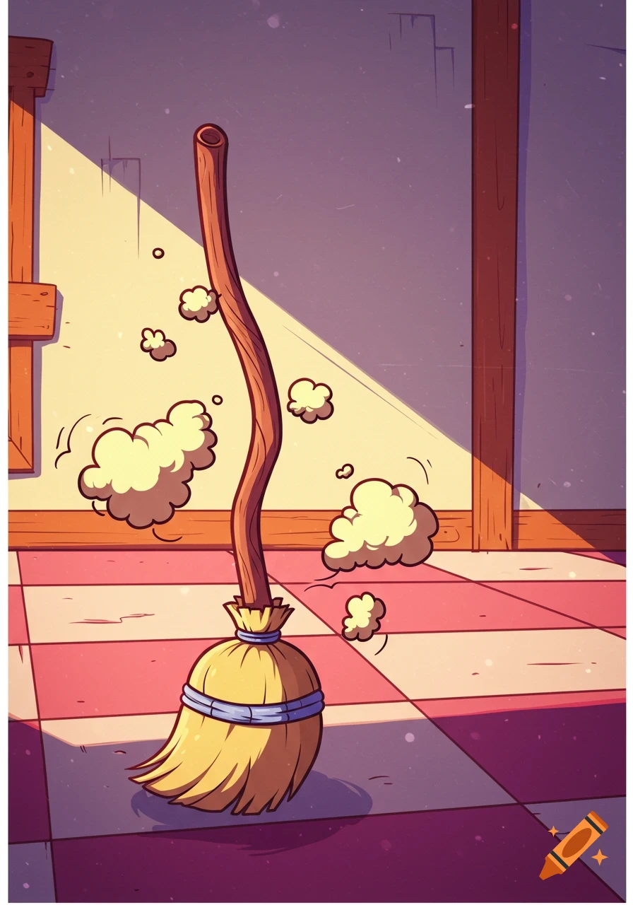 A cartoon broom with a curved handle stands on a checkered floor, surrounded by dust clouds, in a sunlit room.
