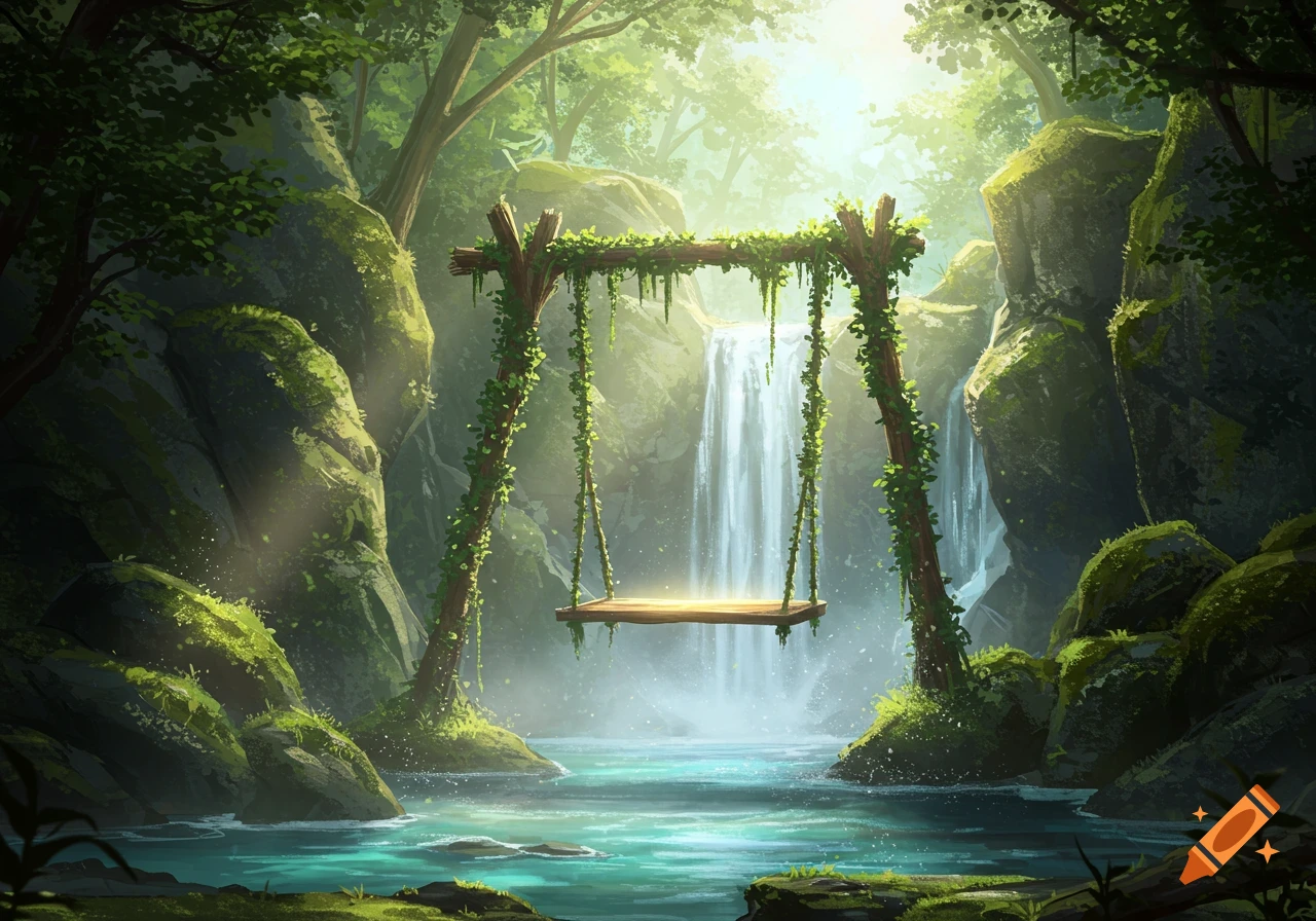 A serene fantasy forest scene with a wooden swing hanging over a turquoise river, flanked by waterfalls and mossy rocks, bathed in bright sunlight.