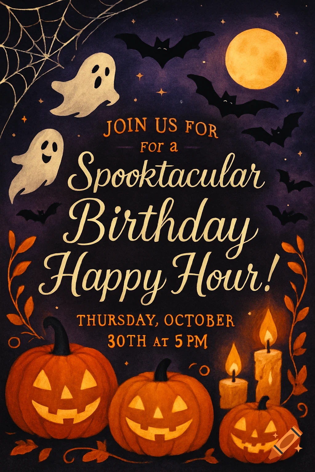 Halloween-themed birthday invitation with ghosts, bats, pumpkins, candles, and event details.