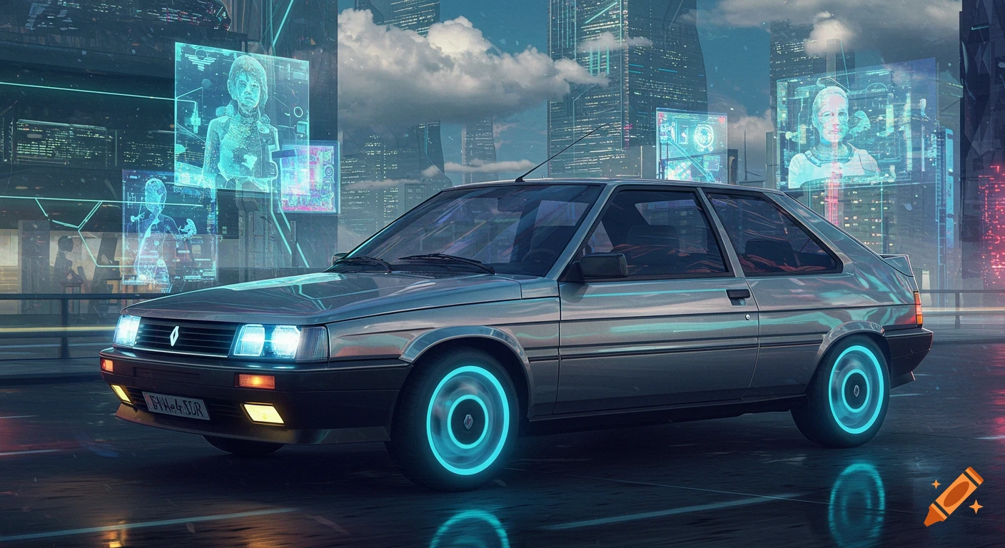 A silver Renault 11 with glowing blue wheels on a wet street in a futuristic city with holographic screens and neon lights under a cloudy sky.