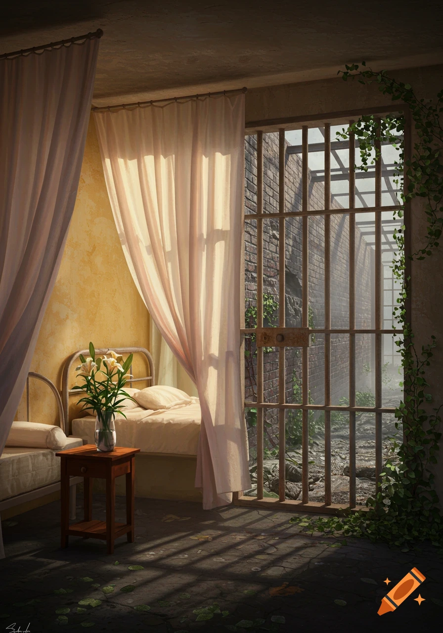 A light-filled room with two simple beds, a vase of white lilies, and sheer curtains beside a large barred window overlooking a brick wall and overgrown ground.