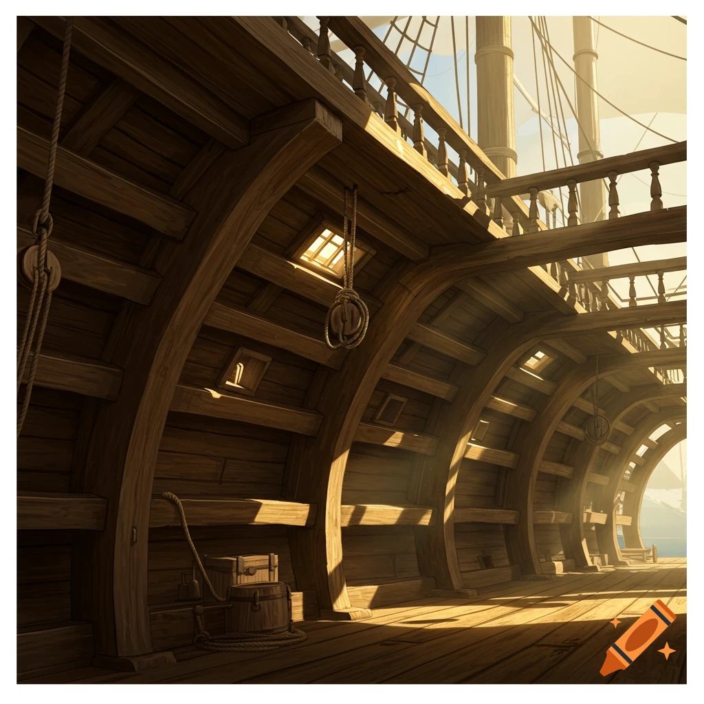 Detailed wooden interior of a ship's hull with curved beams, ropes, and crates, lit by sunlight.