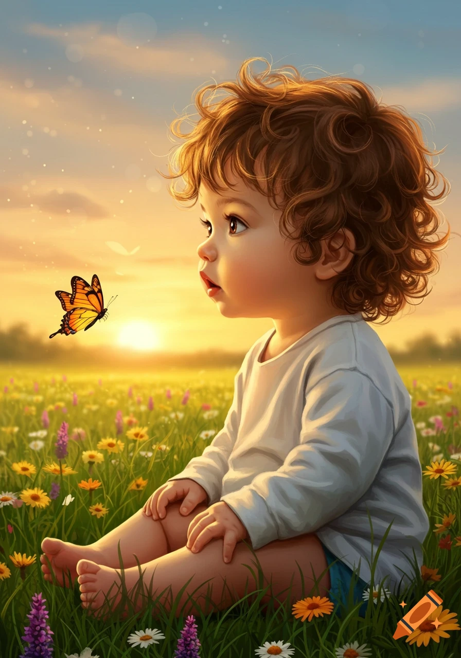 A cute baby with curly brown hair sits in a field of wildflowers, gazing at a monarch butterfly at sunset, in an illustration style.